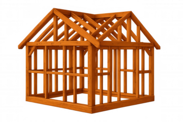 Wooden house frame under construction, representing building process, architecture, and real estate development with transparent background