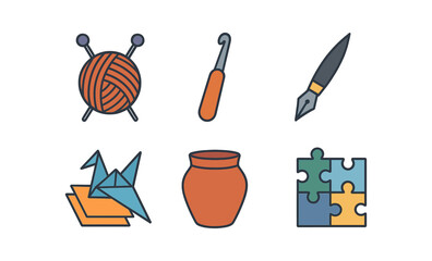 Crafting icons collection: knitting, crochet, calligraphy, origami, pottery, puzzle