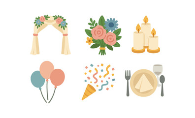 Fototapeta premium Wedding celebration icons set featuring floral arch and festive elements in soft glow style