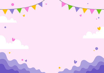 a colorful background with bunting flags and clouds