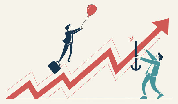 Business ranking up or down, situation for success and failure, growth or losing comparison, risk or challenge concept, businessman holding balloon rising up compare to other falling down with anchor.