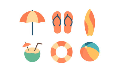 Vibrant summer icons: beach umbrella, flip flops, surfboard, coconut drink, lifebuoy, ball