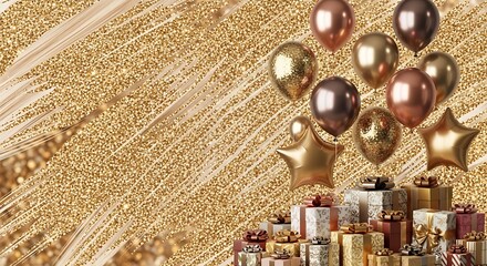 Golden festive backdrop with shimmer, balloons and presents arrangement