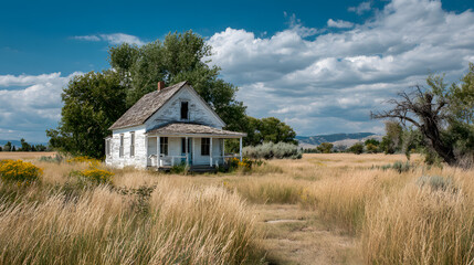 Obraz premium Small, old house with a porch sits in a field of tall grass