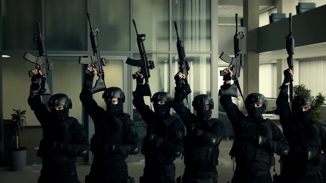 Six masked swat police officers in full tactical gear are holding up their assault rifles inside a messy office building during a raid or training exercise