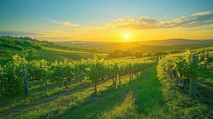 Obraz premium Sunset over vineyard hills