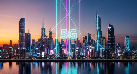 5G wireless network and smart city concept. night urban city with things and services icons connection, internet of things, 5G network wireless with high speed connection flat design
