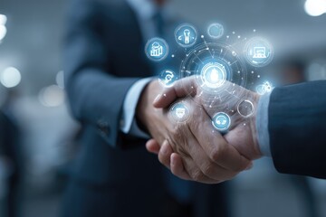 Businessmen shaking hands, digital network overlay