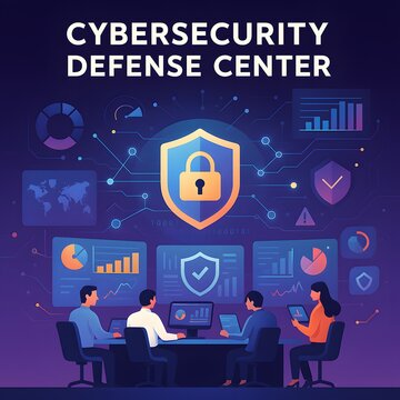 Cybersecurity defense center with analysts monitoring dashboards around a shield lock, neon blue and purple charts, modern vector style for SOC presentations and websites.