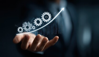 Upward trending graph with interlocking gears above a hand, symbolizing growth and efficiency