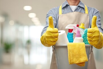 Cleaner gives thumbs-up holding cleaning supplies