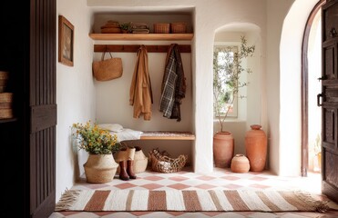 Cozy rustic entryway decorated with natural materials and warm colors