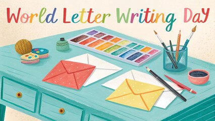 World Letter Writing Day, Artistic desk with watercolor brushes and handwritten notes for creativity.