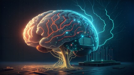 A digital brain glows with vibrant energy, symbolizing innovation and the power of AI. The image features intricate details and dynamic light.