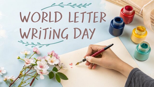 World Letter Writing Day, Artistic scene of hand writing a heartfelt letter beside flowers.