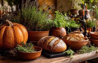 Freshly baked bread, pumpkin and aromatic herbs decorating a rustic wooden table