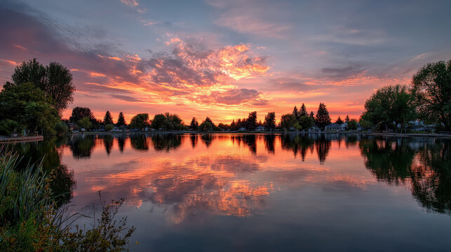 breathtaking sunset over tranquil lake where fiery hues of orange and pink blend seamlessly with cool blues of