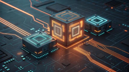 A futuristic circuit board with glowing cube components, symbolizing data flow and technological advancement. Dynamic, clean studio lighting.