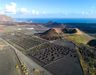 Aerial view of volcanic landscape with unique circular formations