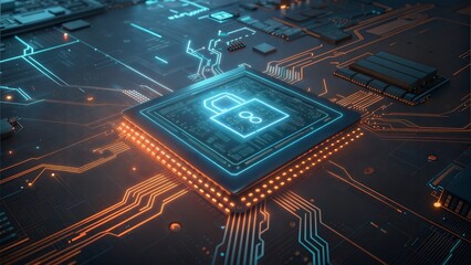 A glowing cyber lock on a processor symbolizes digital security and data protection. Neon lights highlight the intricate circuit board design.