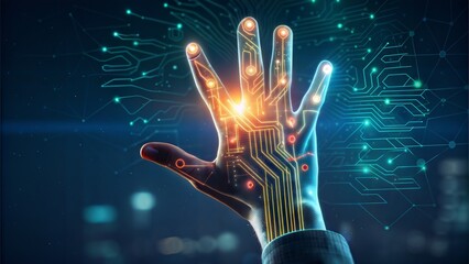 A digital hand reaching toward the future, illuminated by glowing circuits in deep blues, symbolizing technological advancement and innovation.