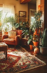 Obraz premium Warm sunlight illuminating cozy living room with houseplants and leather armchair