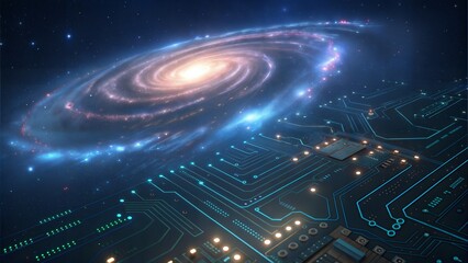 A stunning blend of technology and the cosmos. A detailed circuit board with glowing lights against the backdrop of a vibrant galaxy, showcasing the future of innovation.