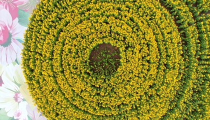 Circular sunflower field, aerial view