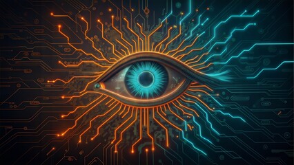 A stylized eye formed from digital circuitry with neon highlights the image evokes themes of artificial intelligence, future technology and surveillance.