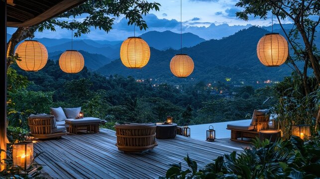 Tranquil mountaintop patio with string lights