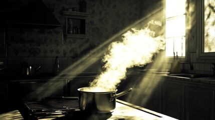 Sunlit kitchen scene showcasing steam rising from a cooking pot with vintage flair