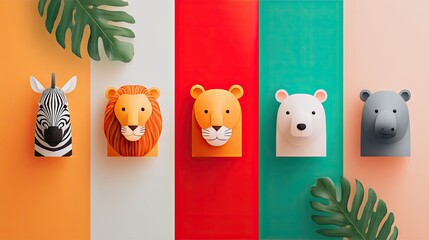 Cute Papercraft Animal Heads on Colorful Background