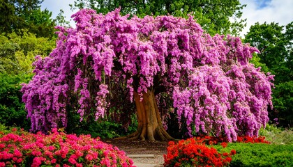 Lush pink tree blossoms in garden