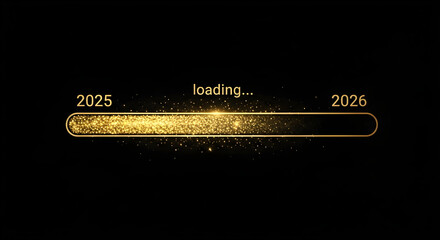 Golden loading bar animation bridging 2025 to 2026 with sparkling progress symbolizing new year 2026