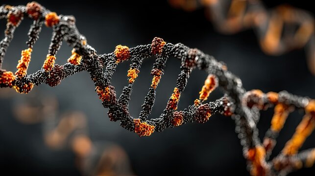Dark 3D Render of a Detailed Orange and Black DNA Double Helix