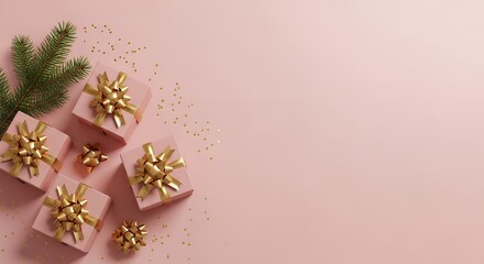Several pastel pink gift boxes with gold ribbon bows and a sprig of green pine needles are scattered across a soft pink background with scattered gold confetti
