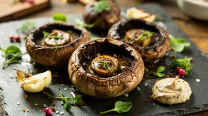 Grilled Portobello mushrooms marinated in a spicy mixture of balsamic vinegar, garlic and fresh herbs. They are laid out on a slate dish and garnished with herbs, onions and a pinch of sea salt.