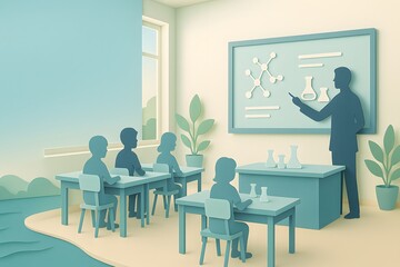 Modern pastel classroom with students learning science, paper-cut illustration style, bright interior, teacher explaining molecular structures, educational resource.