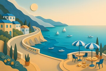 Naklejka premium Mediterranean coastal scene in paper-cut style with blue sea, sailboats, sunny sky, and village architecture, warm and inviting travel theme.