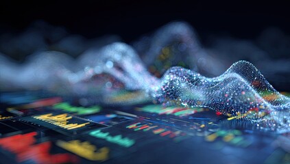 Data visualization dynamic waves of information flow over a financial dashboard