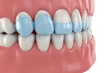 Digital 3D render illustrating human dental anatomy, with healthy gums and teeth, specifically highlighting areas for dental treatment, care, or aesthetic enhancements