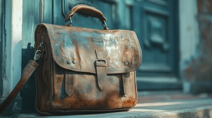 Vintage leather briefcase with aged patina leaning against weathered teal door