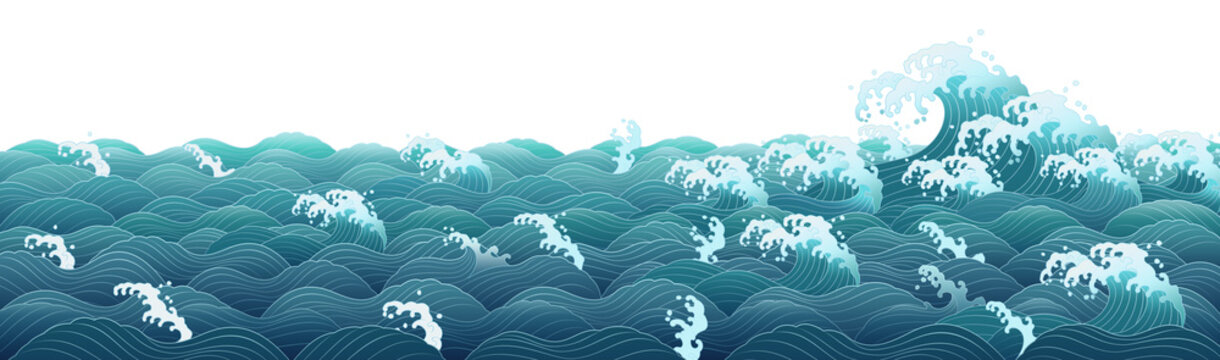 Korean traditional design, sea wave pattern, transparent background for compositing, oriental traditional image, Chinese, Japanese pattern 한국 전통 문양