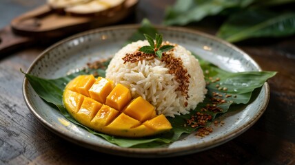 Rice with thick coconut cream sprinkled with sesame seeds. A slice of mango on the side. The dish is laid on a banana leaf.