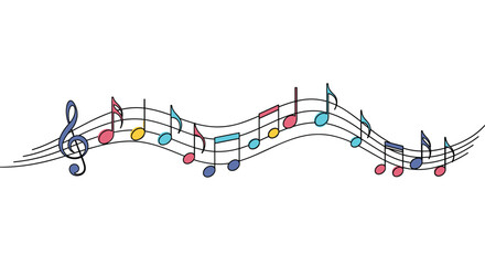 Naklejka premium Colorful musical notes flowing on staff lines, perfect for music lessons and creative designs