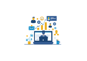 Businessperson's hands working on a laptop with a growth graph a
