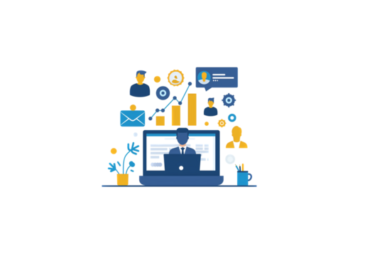 Businessperson's hands working on a laptop with a growth graph a
