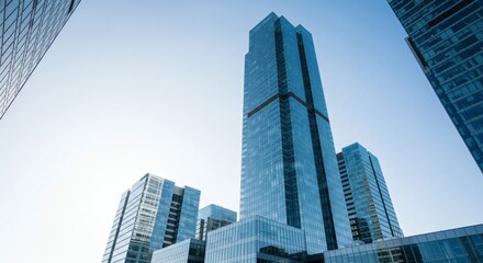 Corporate glass and steel office buildings and modern skyscrapers reaching towards the clear blue sky in an urban financial center
