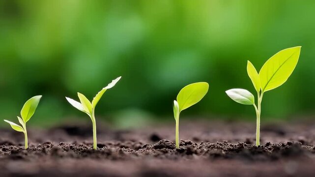 Green sprouts emerging from dark soil, progressive growth stages from tiny seed to young plant with multiple leaves. Blurred green background showing gradual plant evolution