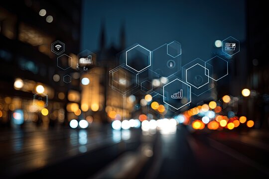 Cityscape at night with overlaid digital network hexagons displaying data icons